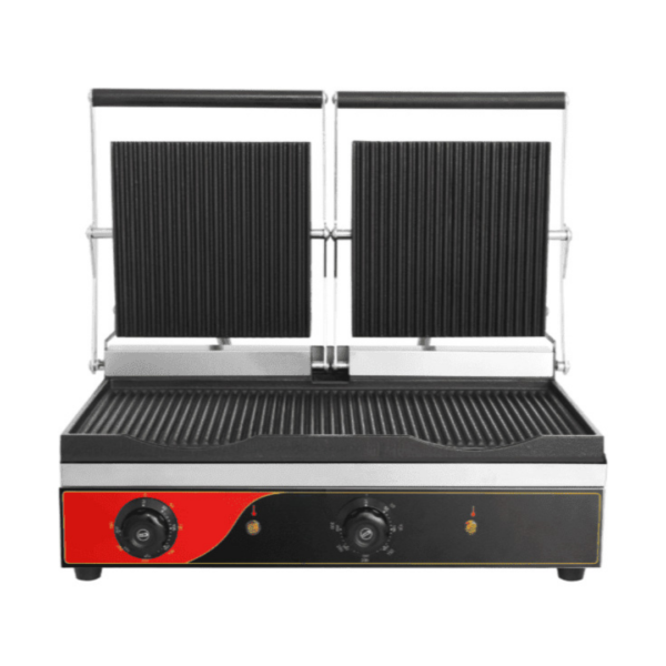 CS Euro Premium Twin Panini Grill Ribbed Enamelled Plates 3.6kW KEG-813NA
