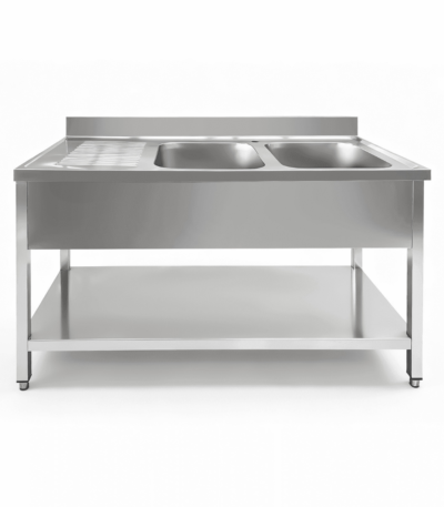 CS Euro Commercial Stainless Steel Double Bowl Sink with Right Bottom Shelf 1400mm THSTR147BR2