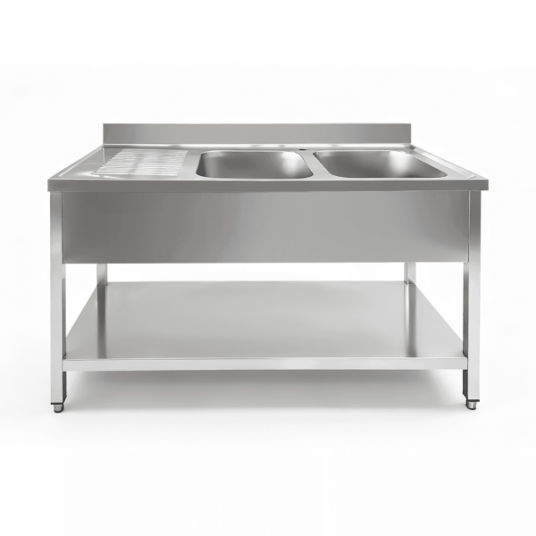 CS Euro Commercial Stainless Steel Double Bowl Sink with Right Bottom Shelf 1400mm THSTR147BR2